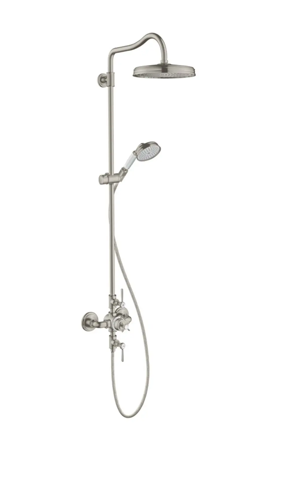 Edelstahl-Duschsystem von AXOR mit Kopfbrause und Handbrause, integriertem Thermostat und flexibel einstellbarem Duschschlauch, montiert an einer Wand.